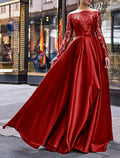 A-Line Evening Gown Party Dress Christmas Red Green Dress Elegant Dress Wedding Guest Fall Floor Length Long Sleeve Off Shoulder Belt / Sash Satin with Appliques