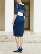 A-Line Mother of the Bride Dress Wedding Guest Elegant Petite Scoop Neck Knee Length Stretch Chiffon Half Sleeve with Lace Bow(s)