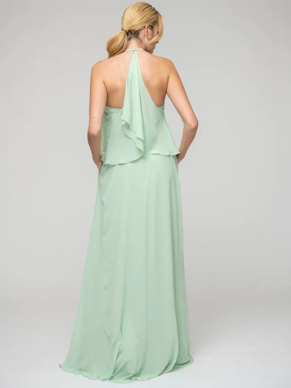 Ruffles Bodice Halter Chiffon Dress For Bridesmaids With Ribbon Detail And Elegant Flowing Silhouette