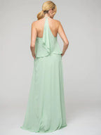 Ruffles Bodice Halter Chiffon Dress For Bridesmaids With Ribbon Detail And Elegant Flowing Silhouette