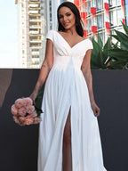 A-Line/Princess Stretch Crepe Ruffles V-neck Short Sleeves Sweep/Brush Train Wedding Dresses