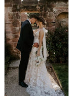 Beach Open Back Wedding Dresses Chapel Train A-Line Sleeveless V Neck Lace With Bow(s) Appliques