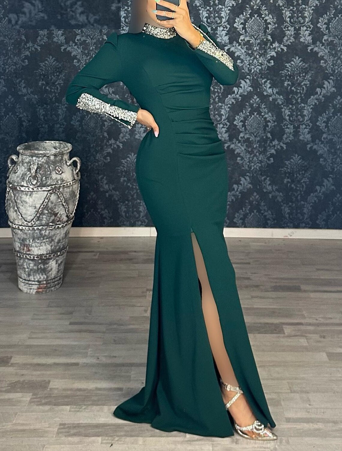 Mermaid Black Dress Plus Size Evening Gown Glittering Dress Formal Wedding Guest Floor Length Long Sleeve High Neck Stretch Fabric with Sequin
