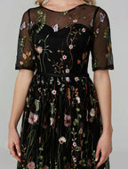 A-Line Party Dress Holiday Tea Length Half Sleeve Illusion Neck Fall Wedding Guest Organza with Embroidery Appliques