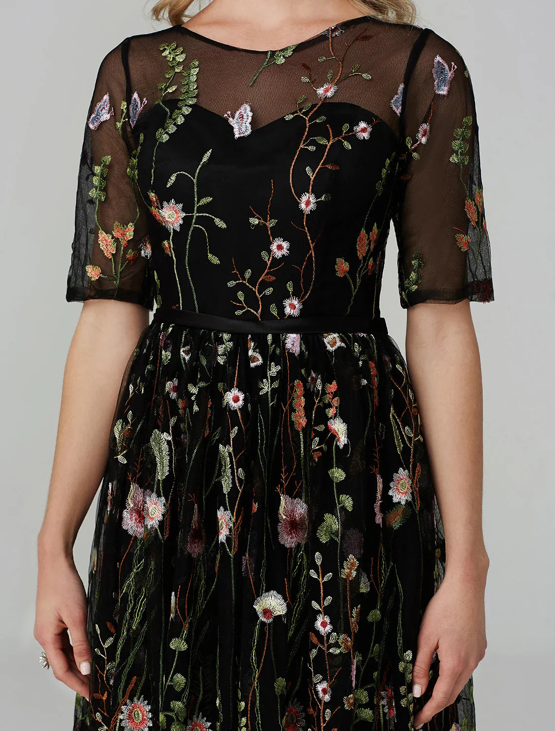 A-Line Party Dress Holiday Tea Length Half Sleeve Illusion Neck Fall Wedding Guest Organza with Embroidery Appliques