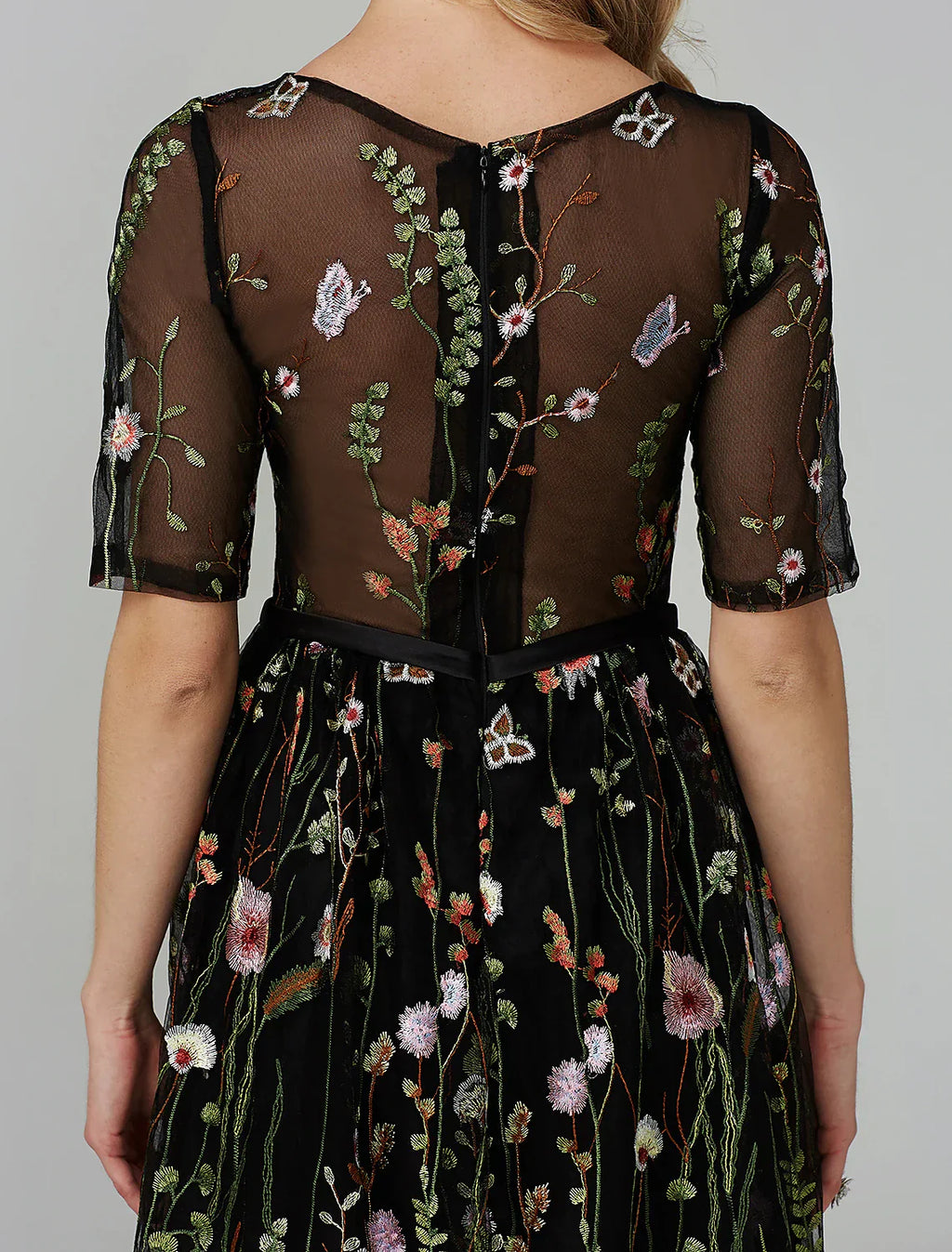A-Line Party Dress Holiday Tea Length Half Sleeve Illusion Neck Fall Wedding Guest Organza with Embroidery Appliques