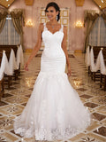 Trumpet/Mermaid Lace Applique V-neck Sleeveless Sweep/Brush Train Wedding Dresses