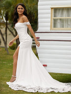 Sheath/Column Stretch Crepe Lace Off-the-Shoulder Sleeveless Cathedral Train Wedding Dresses