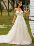 A-Line/Princess Tulle Applique Off-the-Shoulder Sleeveless Chapel Train Wedding Dresses