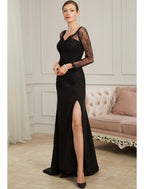 Evening Gown Sexy Dress Party Long Sleeve V Neck Chiffon  Beading Slit Appliques
