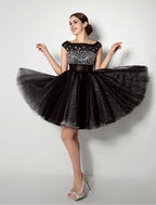 Little Black Dress Dress Party Short Mini Sleeveless Tulle Lace Sash Pleats