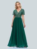 A-Line  Evening Gown Elegant Dress Floor Length Short Sleeve V Neck Sequined