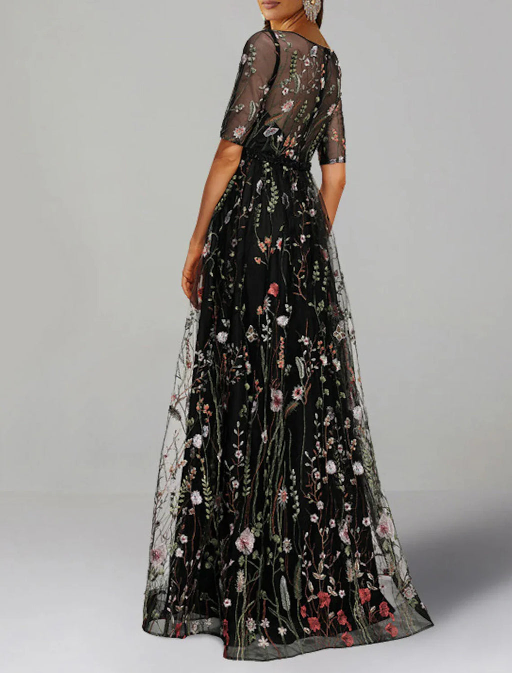 A-Line Prom Dresses Floral Dress Formal Wedding Guest Floor Length Half Sleeve Jewel Neck Charmeuse with Floral Print Embroidery