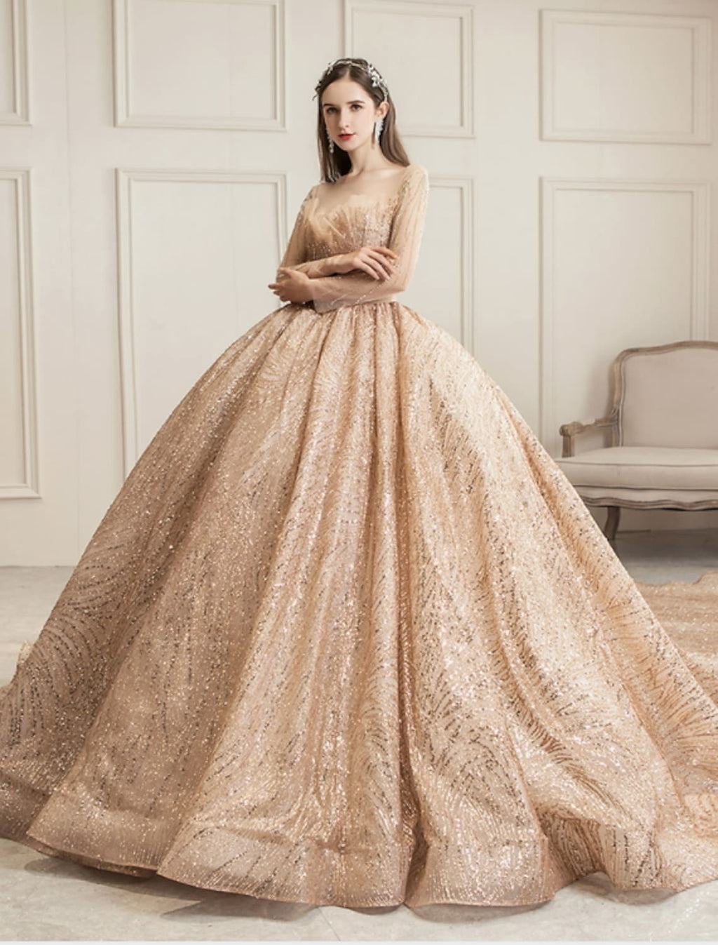 Engagement Wedding Dresses in Formal Wedding Dresses Chapel Train Long Sleeve Tulle With Ruched