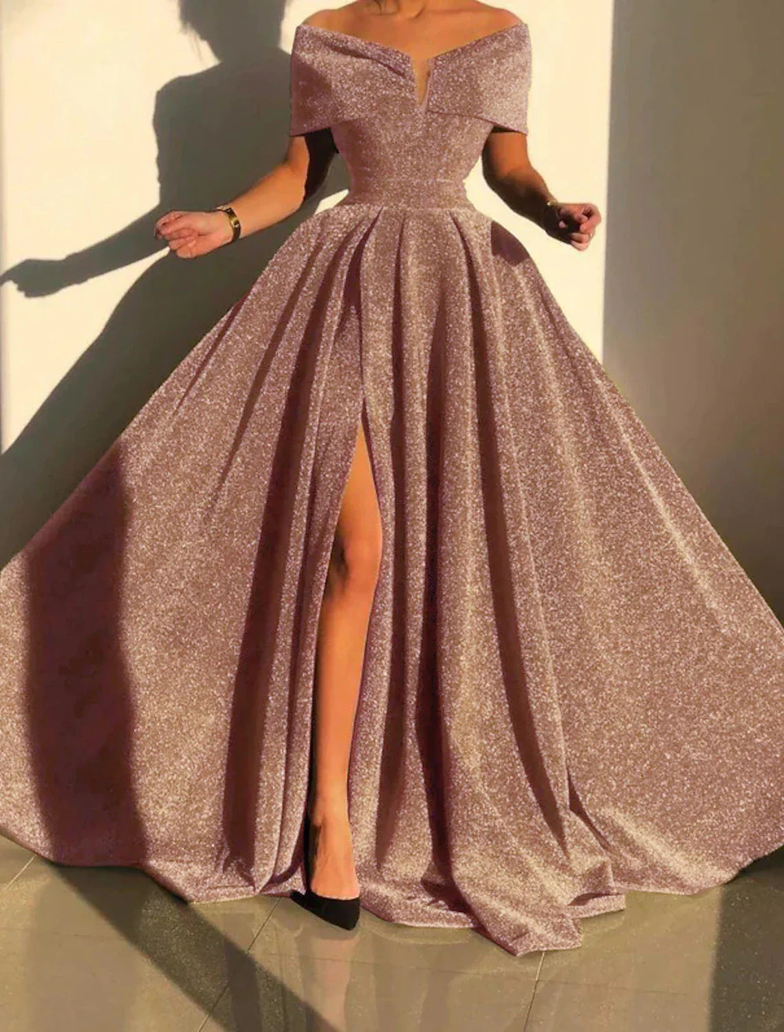 A-Line Sequin Evening Gown Prom Silver Green Sparkle & Shine Black Party Formal Dress Formal Fall Court Train Sleeveless Off Shoulder Slit