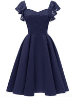A-Line Cocktail Dresses Vintage Dress Party Wear Wedding Guest Knee Length Short Sleeve V Neck Spandex with Lace