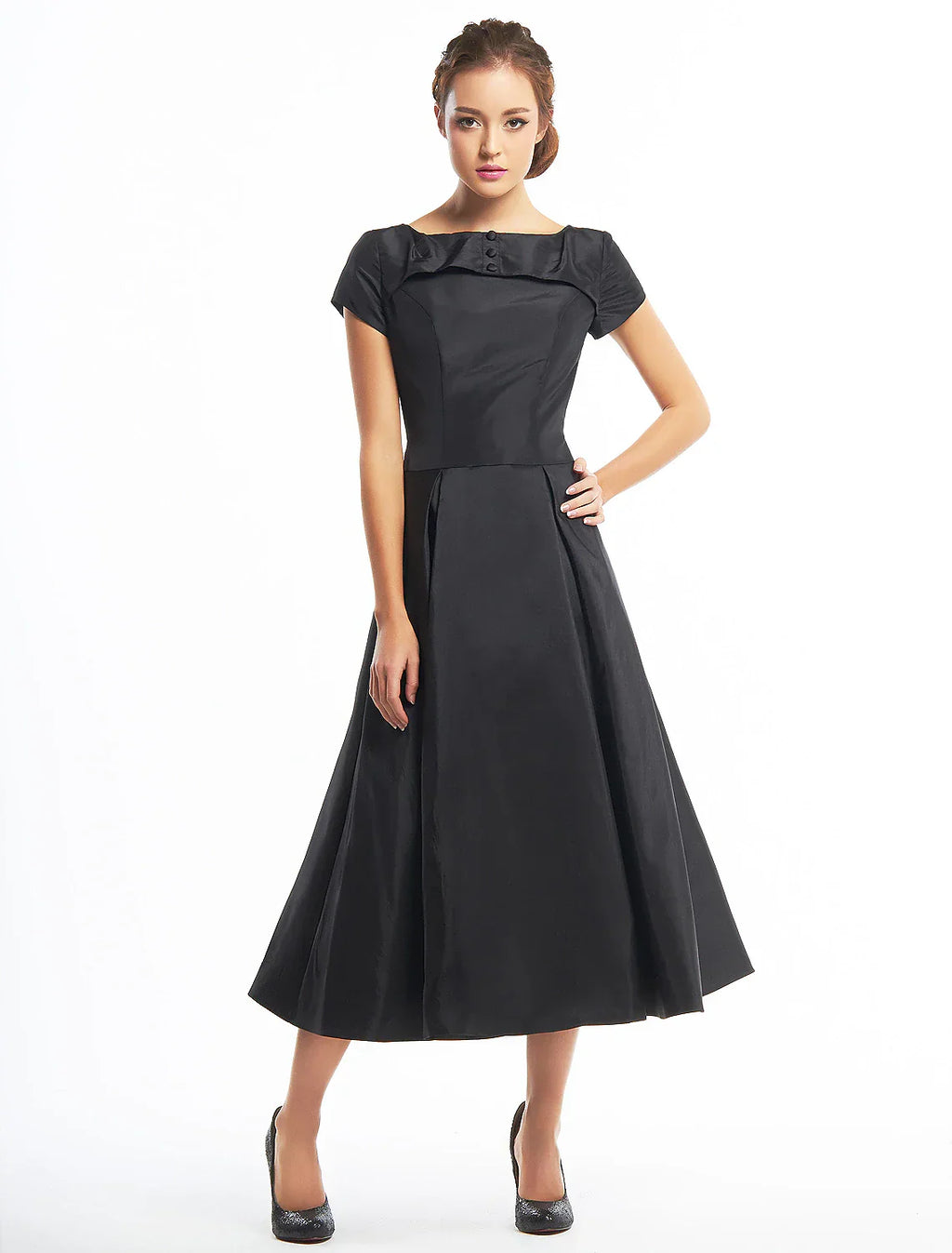 A-Line Vintage Dress Homecoming Wedding Guest Tea Length Short Sleeve Boat Neck Taffeta with Buttons