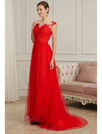 Evening Gown Elegant Dress Engagement Sleeveless Illusion Neck Lace with Slit Appliques