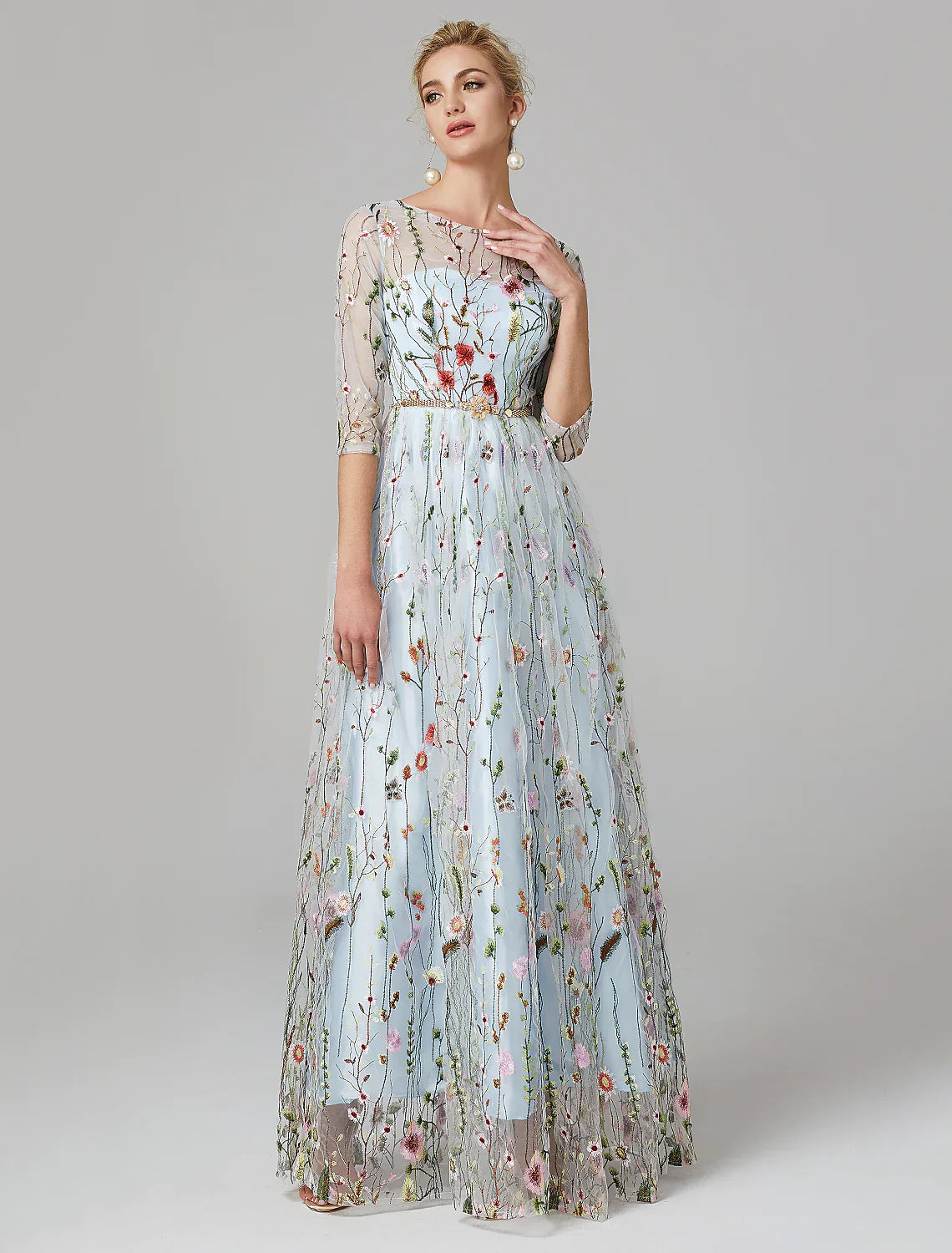 A-Line Evening Gown Elegant Dress Floor Length Sleeve Lace with Embroidery