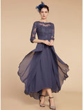 A-Line Mother of the Bride Dress Wedding Guest Elegant Scoop Neck Ankle Length Chiffon Lace 3/4 Length Sleeve with Ruching