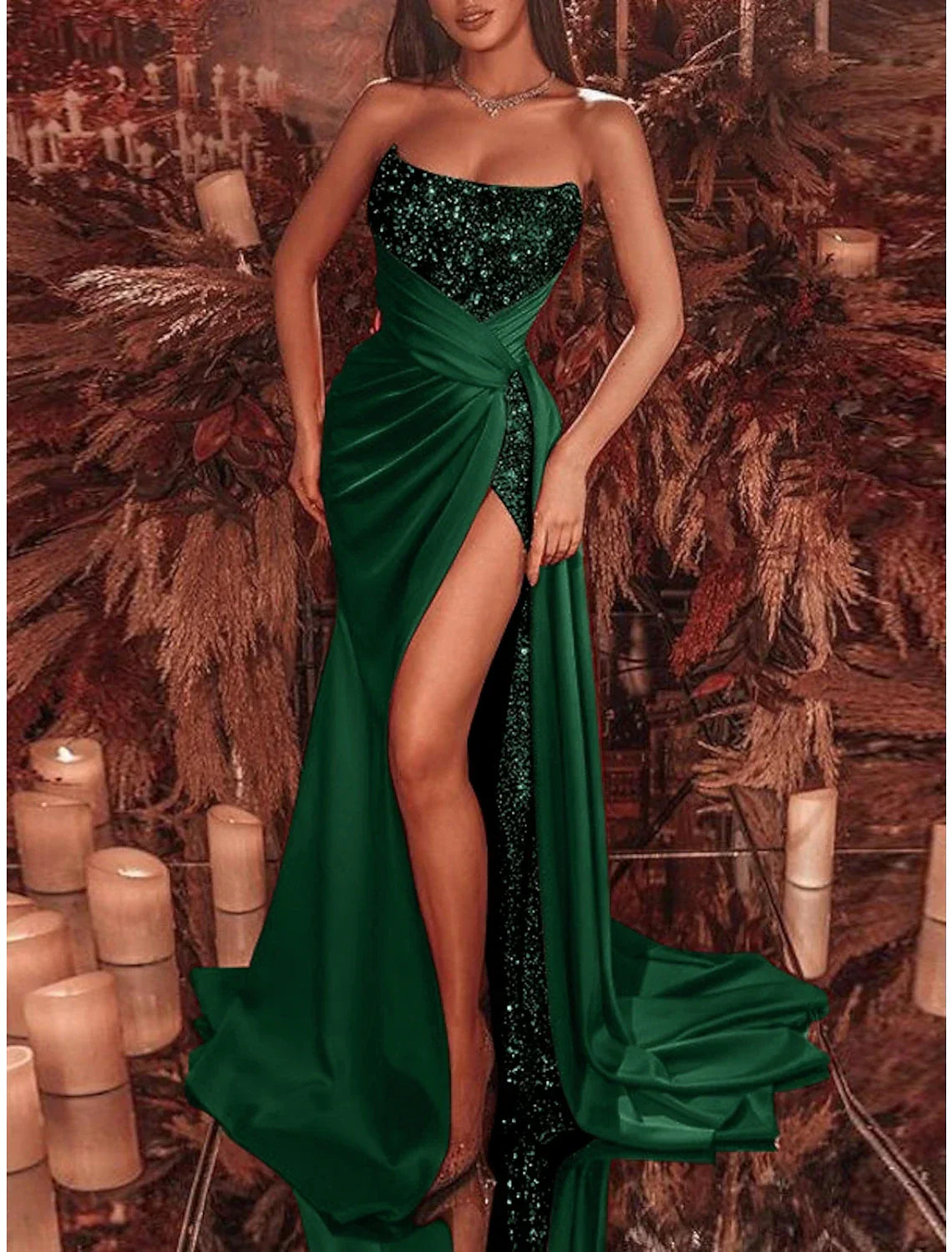 Sheath Black Dress Evening Gown Celebrity Style Dress Formal Court Train Sleeveless Strapless Sequined with Ruched Sequin