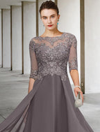 A-Line Mother of the Bride Dress Formal Wedding Elegant Asymmetrical Ankle Length Chiffon Lace Half Sleeve No Beading Appliques