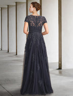Abito da ballo per la madre della sposa lussuoso elegante con scollo a gioiello, lungo fino al pavimento, in pizzo e tulle, a maniche corte, con cristalli e applicazioni