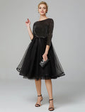 A-Line Cocktail Dresses Sparkle & Shine Dress Formal Tea Length 3/4 Length Sleeve Jewel Neck Fall Wedding Guest Tulle with Sequin