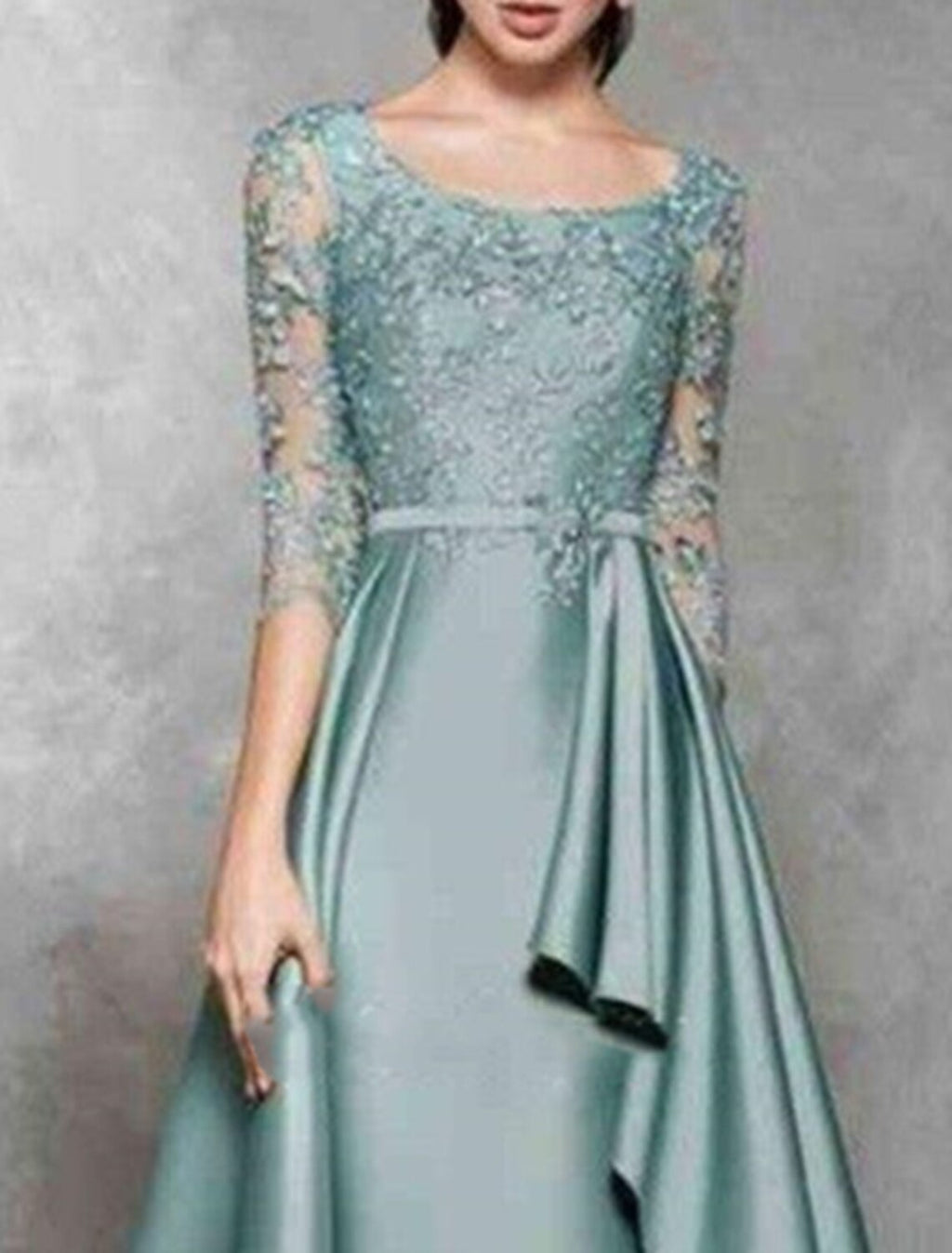 A-Line Mother of the Bride Dress Wedding Guest Elegant Jewel Neck Floor Length Satin Lace 3/4 Length Sleeve No with Sash / Ribbon Ruffles Appliques
