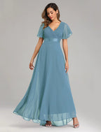 A-Line Prom Dresses Dress Graduation Floor Length Short Sleeve V Neck Chiffon V Back with Ruched Ruffles