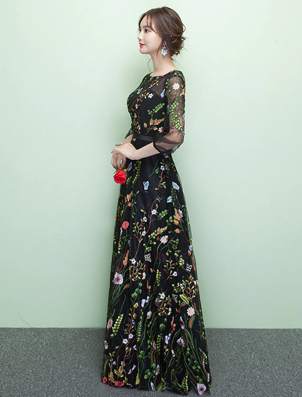 A-Line Elegant Formal Evening Dress Length Sleeve Floor Length Lace with Embroidery