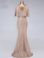 Mermaid / Trumpet Prom Dresses Sparkle Dress Wedding Guest Floor Length Half Sleeve Illusion Neck Sequined with Sequin Ruffles
