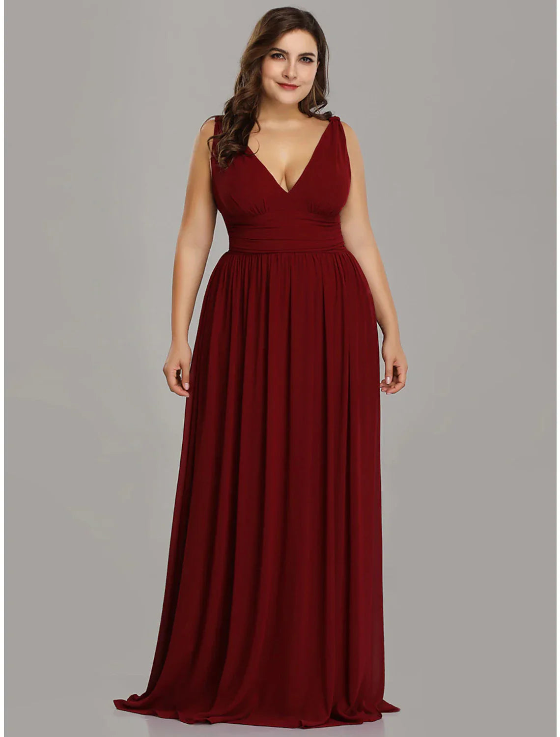 A-Line Plus Size Wedding Formal Evening Dress V Neck V Back Sleeveless Floor Length Chiffon with Pleats