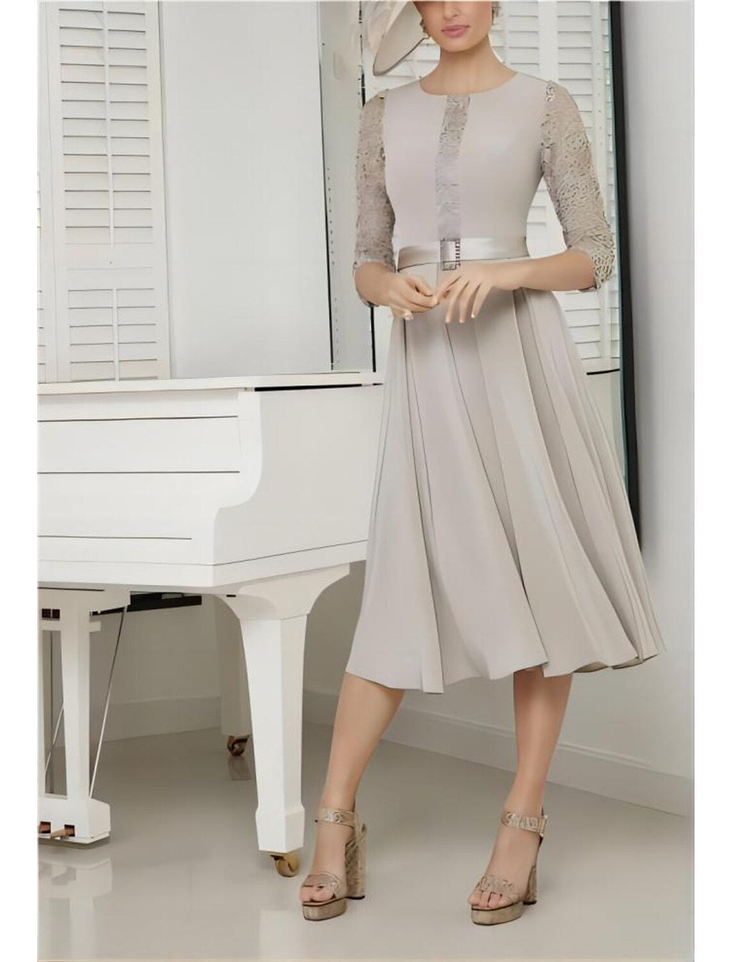 A-Line Mother of the Bride Dress Formal Wedding Guest Elegant Jewel Neck Tea Length Chiffon Lace 3/4 Length Sleeve with Sash / Ribbon Solid Color