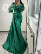 Mermaid / Trumpet Evening Gown Vintage Dress Formal Black Tie Floor Length Long Sleeve V Neck Charmeuse with Buttons Pearls
