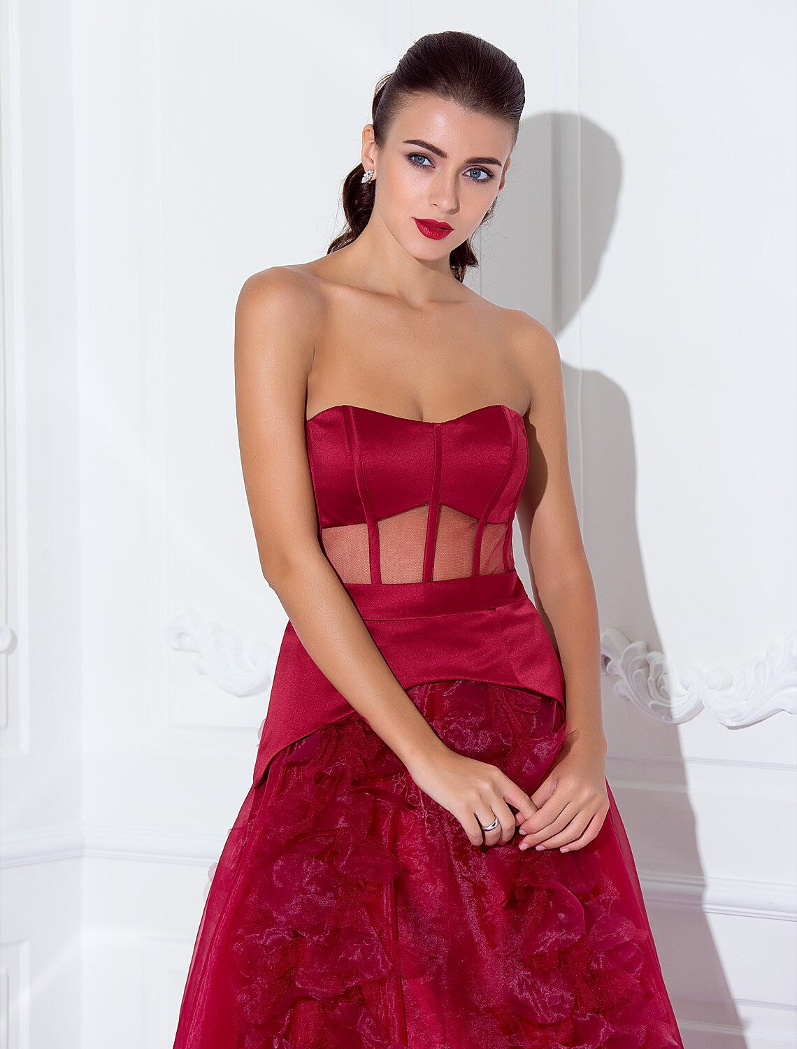 Celebrity Style Dress Holiday Floor Length Sleeveless Strapless Satin with Sash Flower