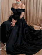 A-Line Evening Gown Elegant Dress Formal Black Dress Carival Sweep / Brush Train Long Sleeve Off Shoulder Satin with Rhinestone Feather Pleats