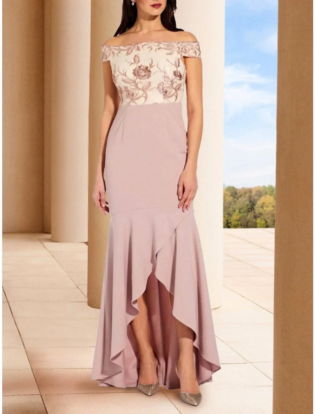 A-Line Mother of the Bride Dress Wedding Guest Elegant Off Shoulder Asymmetrical Stretch Chiffon Short Sleeve with Embroidery Ruching