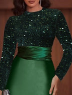Sheath Evening Gown Elegant Dress Red Green Dress Knee Length Long Sleeve High Neck Satin with Sequin
