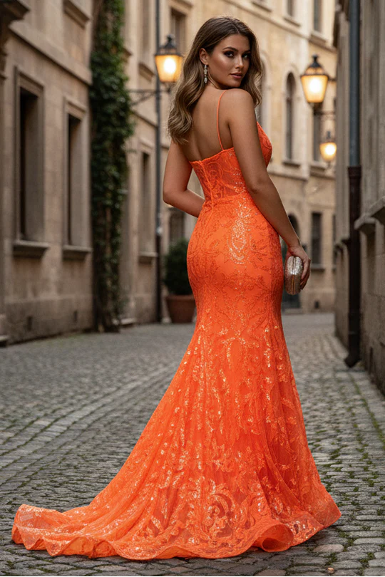 Sequin mermaid prom dress with sweetheart neck, spaghetti straps, low open back and high slit. Perfect for prom, homecoming and formal events.
