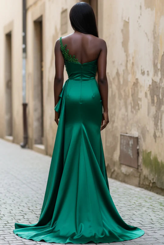 Beaded Mermaid One-Shoulder Asymmetrical Open-Back Floor-Length Prom Dress