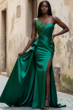 Beaded Mermaid One-Shoulder Asymmetrical Open-Back Floor-Length Prom Dress
