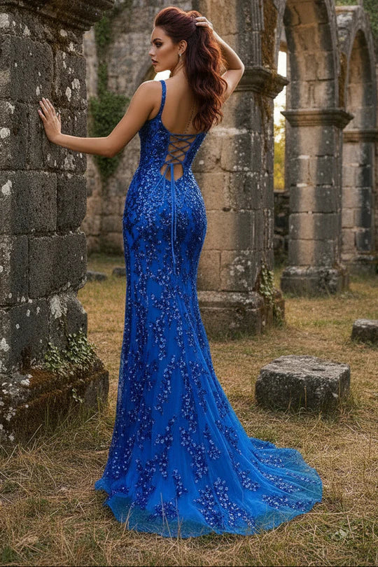 Sequin Mermaid Sweetheart Spaghetti Strap Corset-Back Floor-Length Prom Dress