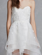 Open Back Little White Dresses Asymmetrical A-Line Strapless Lace With Appliques