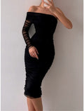 Sheath / Column Evening Gown Sexy Dress Formal Knee Length Long Sleeve One Shoulder Tulle with Ruched Slit