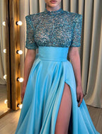 A-Line Evening Gown Christmas Red Green Dress Formal Carival Chapel Train Half Sleeve High Neck Satin with Pearls Sequin