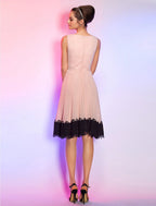 A-Line Cute Dress Homecoming Knee Length Sleeveless Boat Neck Pink Dress Chiffon with Lace