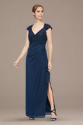 A-Line V Neck Cap Sleeve Floor-Length Mother of the Bride Dress