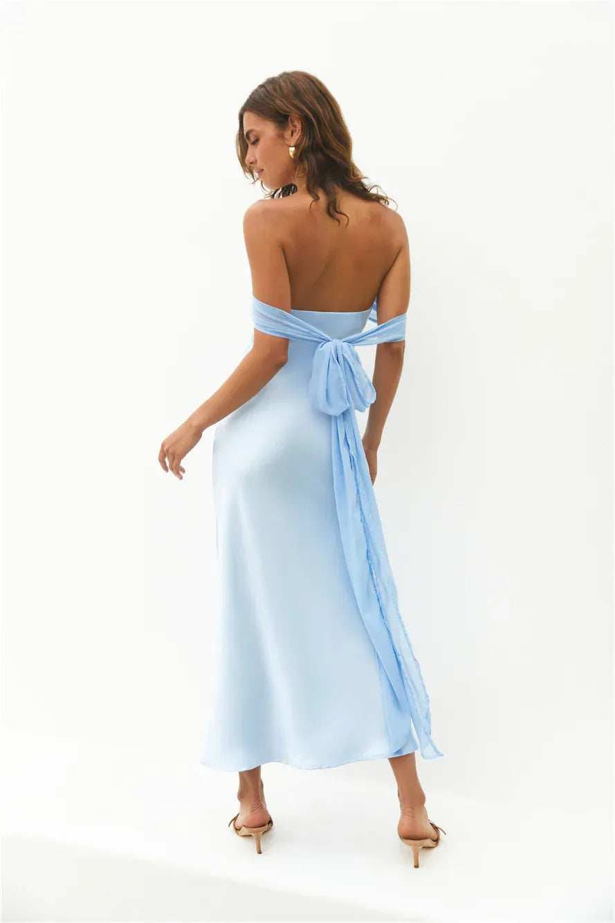 Romantic Sheath Strapless Sleeveless Tie Back Midi Length Prom Dress