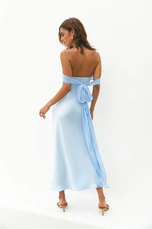 Romantic Sheath Strapless Sleeveless Tie Back Midi Length Prom Dress